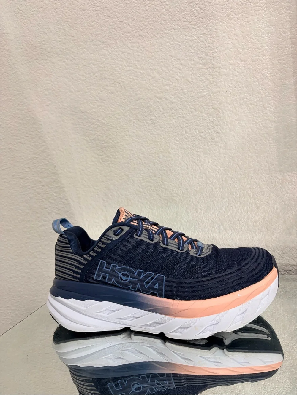 Hoka Bondi 6 Navy and Peach Women's Athletic Running Shoes